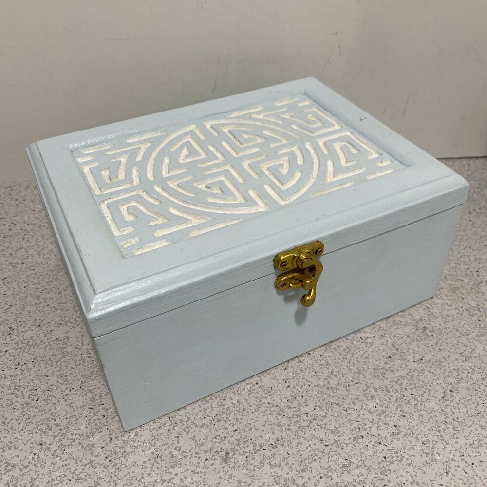 Vintage jewelry trinket keepsake box modified wood painted blue & white crafted